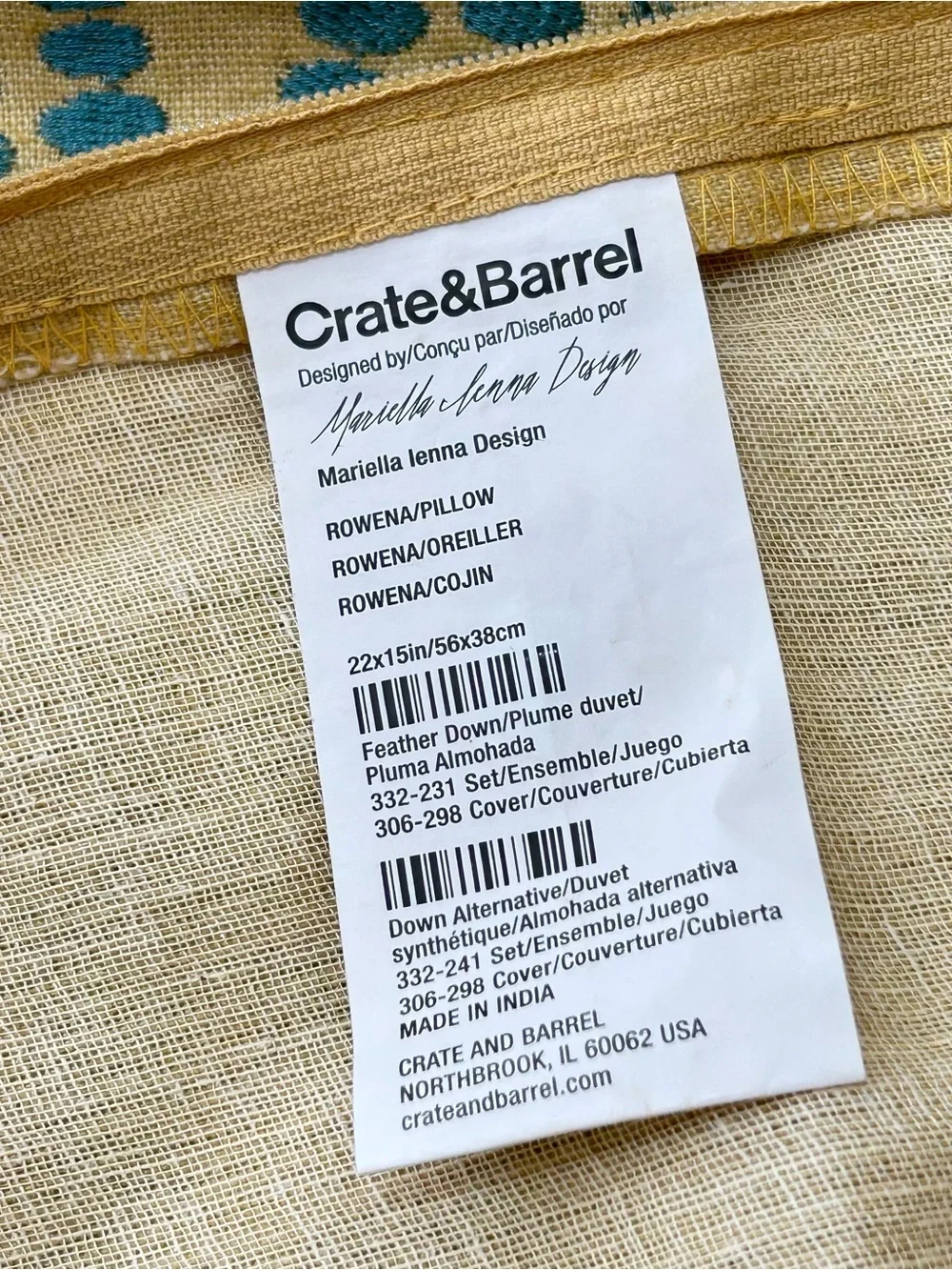 2 Crate & Barrel Embroidered Rowena Pillow Covers 15” x 22”